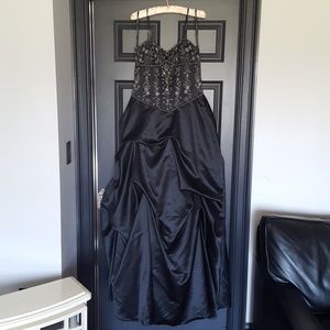 Black Satin Ruched Ballgown Beaded Bodice Gown